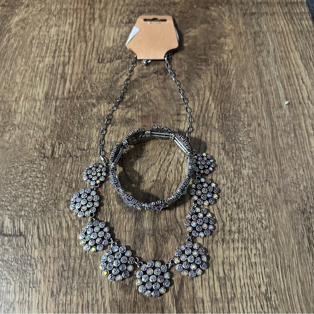 New silver floral iridescent crystal necklace coordinating floral bracelet